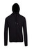 A black soft cotton and bonded polar fleece hoodie with a front zip and a hood. It features a logo.