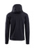A black men's hoodie featuring a hood and long sleeves, with a branding logo on the back.