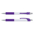 A plastic pen with a white barrel and purple accents, featuring a textured grip and a retractable tip.