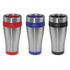 A drink bottle featuring a stainless steel body with red, blue, and black accents, each with a matching lid.