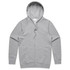 A grey zip-up hoodie featuring a hood and a branding logo.