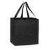 A black tote bag with sturdy handles and a simple design. It features a branding logo on one side.