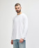 A white long sleeve T-shirt for adults, featuring a simple design and a logo on the front.