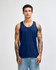 A unisex fine jersey tank top in navy blue with a contrasting red side design. Features a logo on the garment.