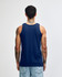 A navy blue unisex fine jersey tank top viewed from the back, featuring a simple design and logo.
