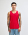 A red unisex fine jersey tank top displayed on a model, featuring a logo on the garment.
