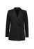 A black double-breasted longline jacket with a tailored fit and two front pockets.