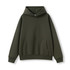 An olive green oversized hoodie with a front pocket and a hood, featuring a logo on the chest.
