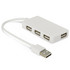 A white USB hub featuring four USB ports and a connecting cable.
