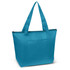 A turquoise cooler bag with two shoulder straps and a zippered top, featuring an external pocket and branding.