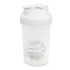 A drink bottle featuring a clear body with a white lid and an interior whisk ball. It has a logo on the side.