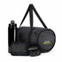 A black duffel bag with a drink bottle, a small case, and wireless earbuds, featuring a logo.