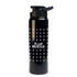 A black drink bottle featuring a logo and a pattern of lightning bolts, with the words "The Gentle Hustle."