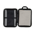 A zipped storage case featuring a mesh pocket and a padded compartment, primarily in black with a light grey interior.