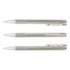 A metal pen in brushed steel with a sleek design, featuring a clip and ridged grip. Includes branding on the barrel.