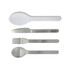 A cutlery set featuring stainless steel knife, fork, spoon, and a transparent serving spoon, arranged in a row.