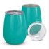 A drink bottle set featuring two teal vacuum cups, one with a clear lid. Both are smooth and rounded in shape.