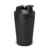 A drink bottle in black, featuring measurement markings and a flip-top lid, with a branding logo.