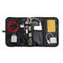 A black organizer containing various cables, chargers, and a cleaning cloth in a compact, zippered design.