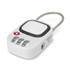 A white TSA lock with a green button and a metal cable, featuring a combination dial and a logo.