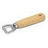A drink bottle opener with a silver metal head and a natural wooden handle, featuring a branding logo.