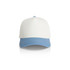 A two-tone cap featuring a white crown and a blue peak, with a logo on the front.