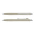 A plastic pen in a muted green colour with a silver clip and tip, featuring a simple design and a logo.