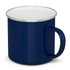 A navy enamel mug featuring a white interior and a sturdy handle. Includes a branding logo.