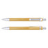 A bamboo pen with silver accents, featuring a sleek design and a clip for attachment.