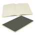 An open green notebook with lined pages, resting above a closed version of the same notebook.
