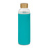 A drink bottle with a clear body, wooden lid, and turquoise neoprene sleeve. It features a logo.