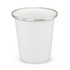 A white enamel tumbler with a stainless steel rim, suitable for various beverages.