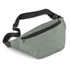 A grey belt bag with a single zippered pocket and an adjustable strap, featuring a branding logo.