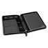 A black Swiss Peak Heritage A5 portfolio with zipper, featuring a notepad, card slots, and elastic pen holders inside.