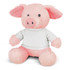 A Pink Pig plush with a white shirt on