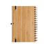 A bamboo-covered spiral A5 notebook with a metal spiral binding and elastic closure.