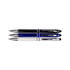 A set of three Columbia Aluminium Pens in black, blue, and white, featuring chrome accents and a sleek design.