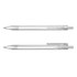 A clear plastic pen displayed from two angles, featuring a sleek design and a silver clip. It includes a logo.