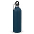 A drink bottle in deep blue with a silver collar and a black top, featuring a carabiner clip.