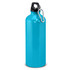 A drink bottle in bright blue, crafted from metal and featuring a black cap and a carabiner clip.