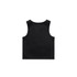 A black active crop tank with a simple design and a logo on the back.