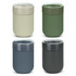 A set of four ceramic coffee cups in light green, dark green, blue, and dark grey, each featuring a lid and a logo.