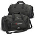 A dark green duffle bag with black accents and a shoulder strap, featuring a logo on the side.