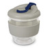 A drink bottle with a clear glass body, grey silicone sleeve, and a blue lid featuring a flip top and a logo.