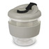 A drink bottle in a light grey and clear design, featuring a silicone sleeve and a black lid with a button.