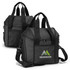 A black cooler bag with a logo, featuring dual handles and a detachable shoulder strap.