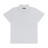 A white women's polo shirt featuring a classic collar and three-button placket, with a logo on the chest.
