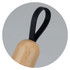 A drink bottle opener featuring a wooden handle and a black rubber loop for hanging.
