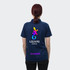 A navy women's polo shirt with a colourful logo and branding on the back, featuring a collared design.