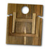 A wooden folding wine table in natural tones with a circular cutout and a logo.